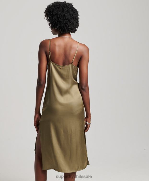 mujer Superdry verde vestido midi de tirantes de satén 2R68Z2394