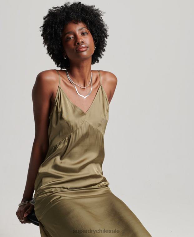 mujer Superdry verde vestido midi de tirantes de satén 2R68Z2394