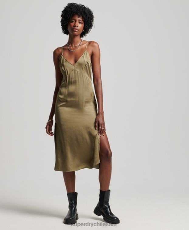 mujer Superdry verde vestido midi de tirantes de satén 2R68Z2394