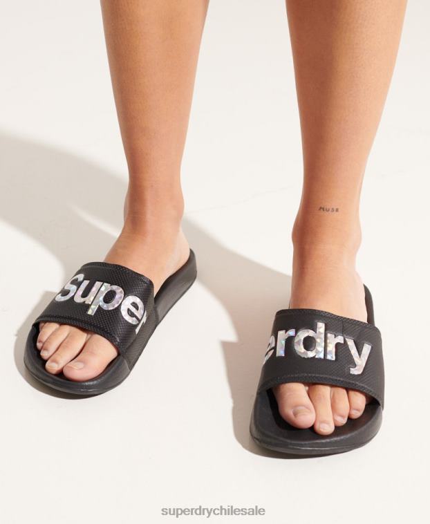 mujer Superdry negro deslizadores de piscina con relleno holográfico 2R68Z6780